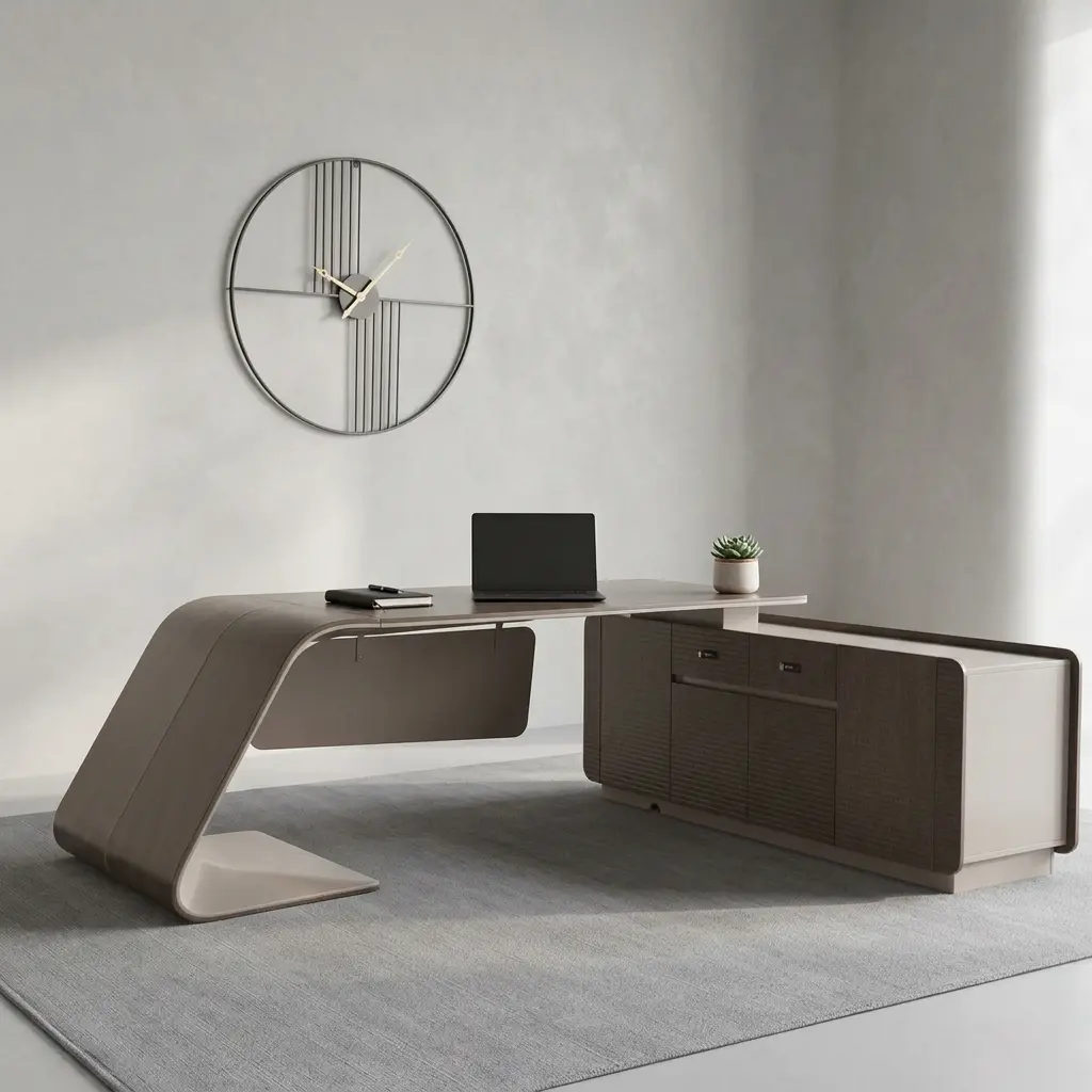 مكتب إداري مع خزانة جانبية – مكتب تنفيذي كبير 240 سم – تصميم احترافي مع درج قابل للقفل ومنفذ – لون موكا بيج - Image 2