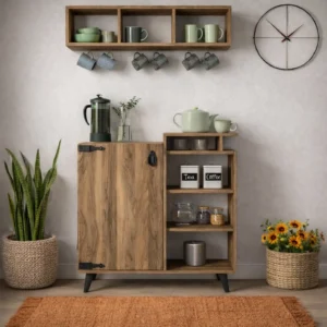 ركن قهوة Sonata مع رفوف علوية لتنظيم أدوات القهوة – وحدة قهوة منزلية موفّرة للمساحة – مصنوع من خشب MDF