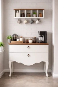 ركن قهوة – طاولة قهوة مع رف علوي للتنظيم – وحدة تحضير القهوة بتصميم عصري باللون الأبيض