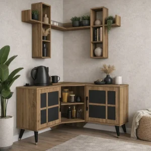 ركن قهوة حديث زاوية بني – تصميم عملي وأنيق لتنظيم الضيافة