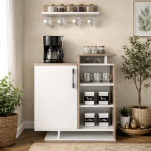ركن قهوة Mareta أبيض رمادي – وحدة تنظيم ماكينة القهوة مع رفوف عرض – تصميم عصري موفّر للمساحة