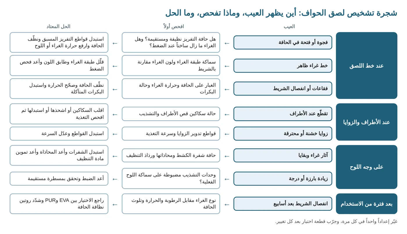 شجرة تشخيص مشاكل لصق الحواف: العَرَض ثم الفحص ثم الحل