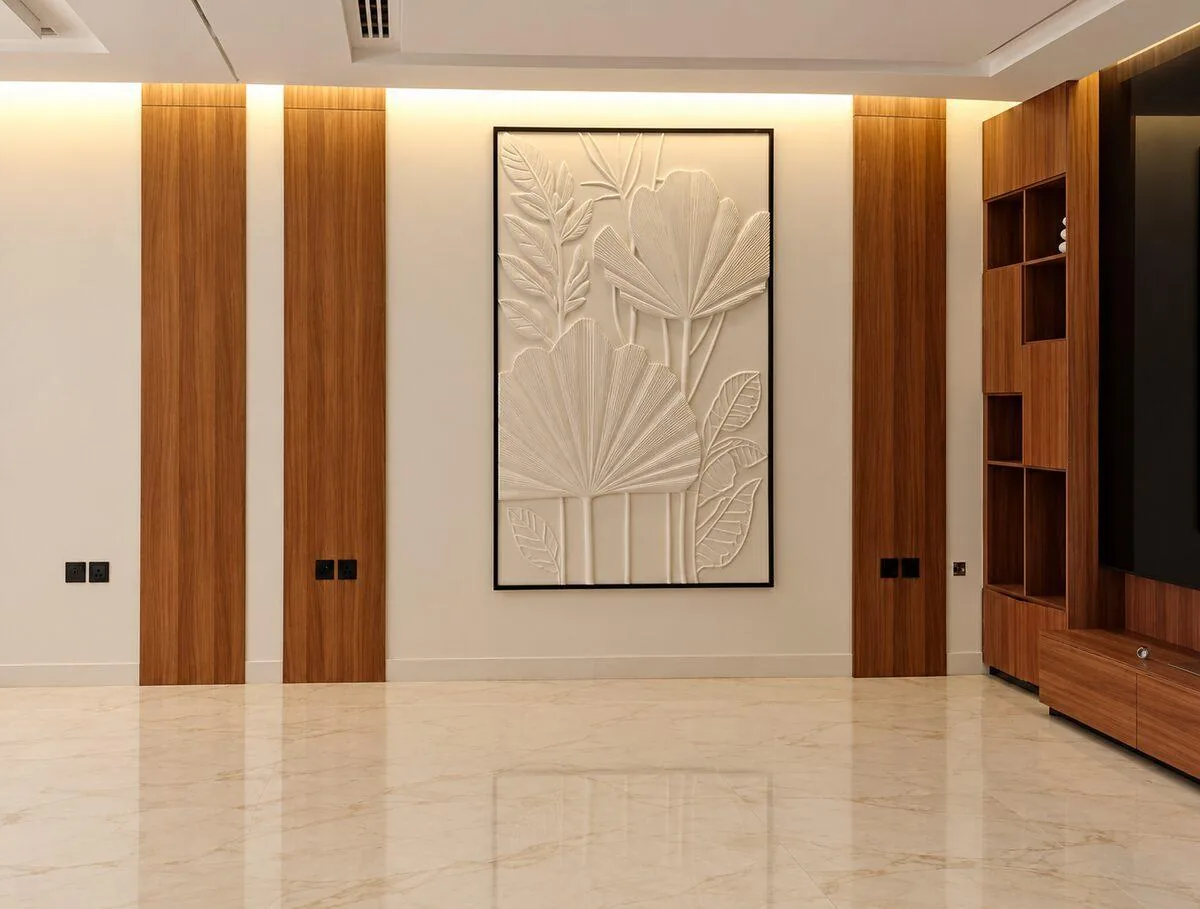 Feature wall with vertical wood panels, a framed raised decorative panel and a built-in TV and shelving unit