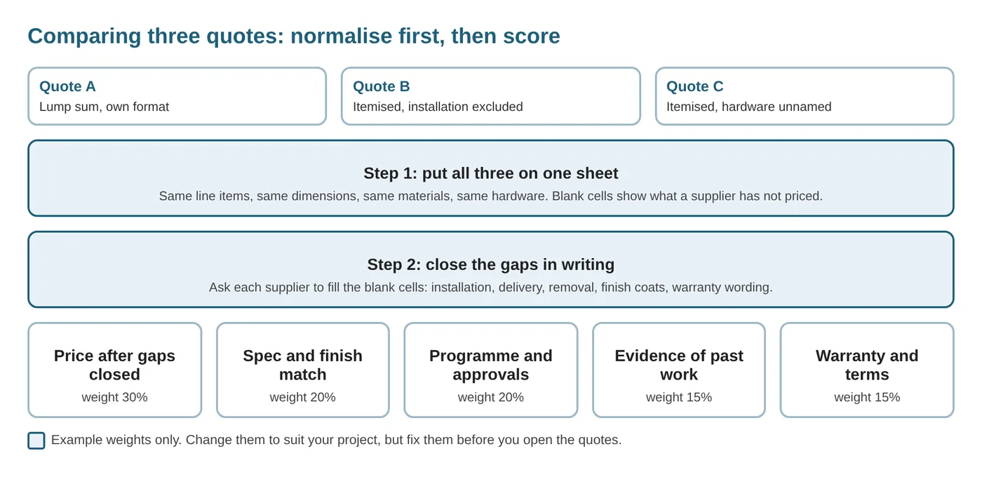 Normalise the three quotes, close the gaps in writing, then score.